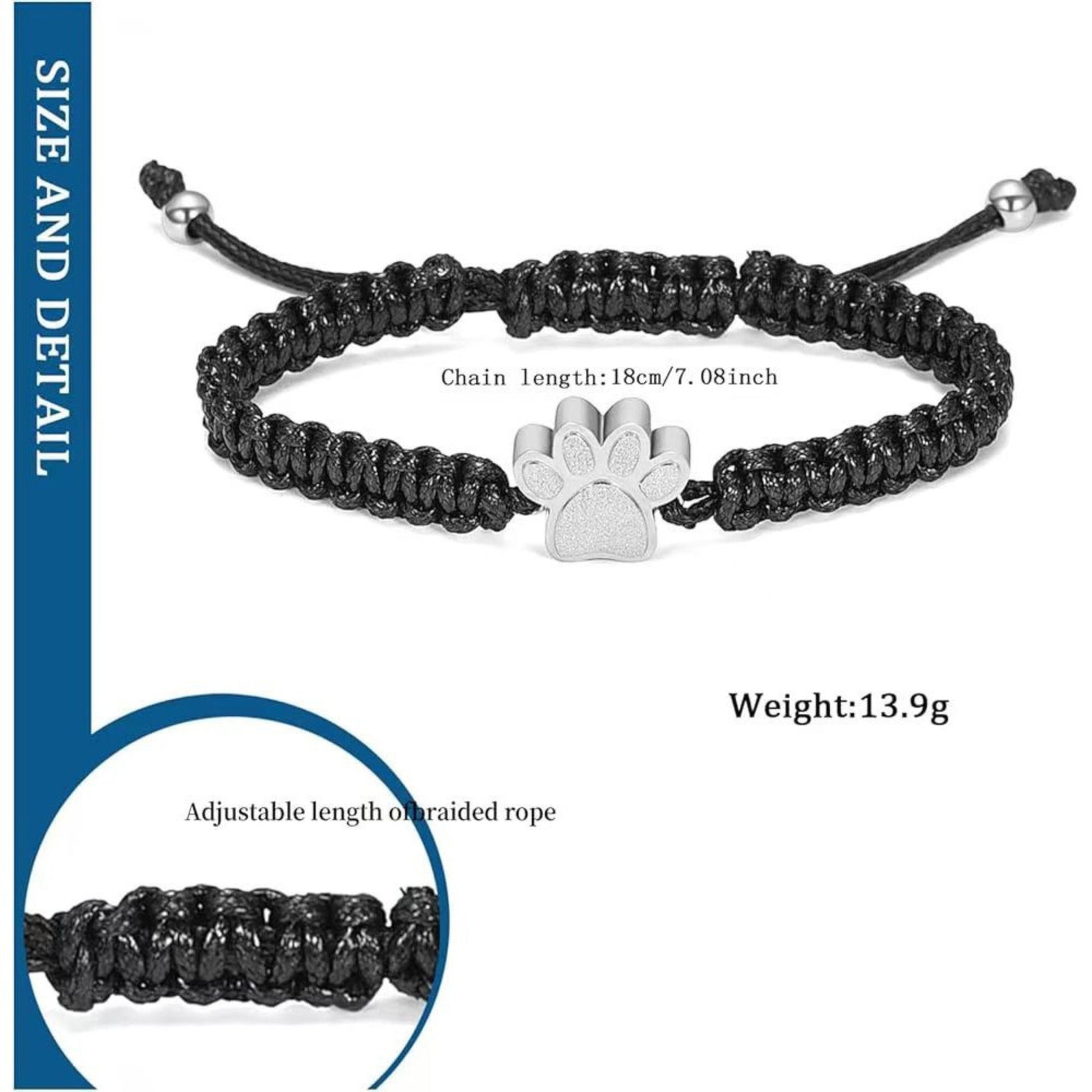 Silver paw cremation urn bracelet adjustable braided cord size and weight details