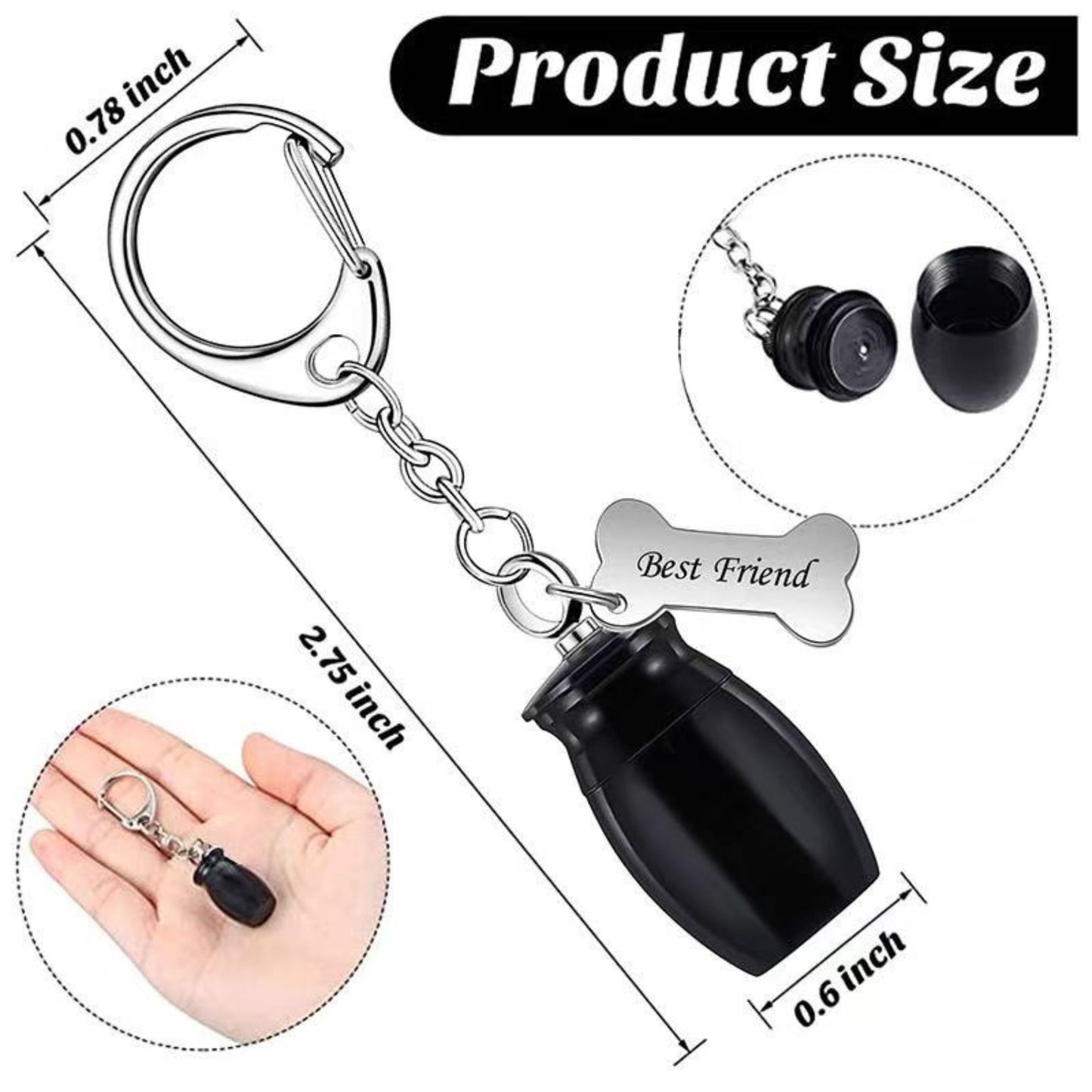 Product size chart for black mini memorial urn keychain showing approximate 2.75 inch total length, 0.6 inch urn width, and screw-top opening detail.