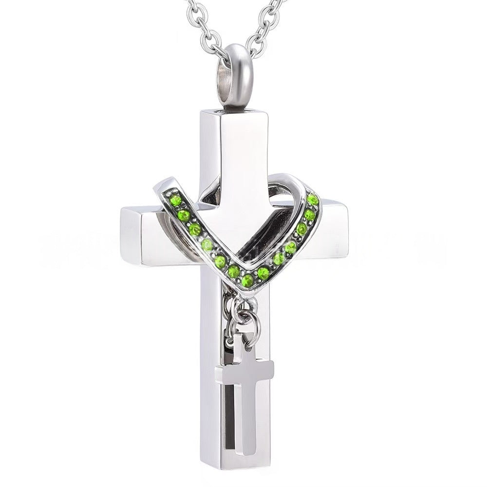 Stainless Steel Cross Urn Necklace – 12 Birthstone Crystal Cross Pendant, Memorial Cremation Jewelry (22" Chain)