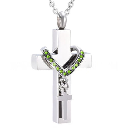 Stainless Steel Cross Urn Necklace – 12 Birthstone Crystal Cross Pendant, Memorial Cremation Jewelry (22" Chain)