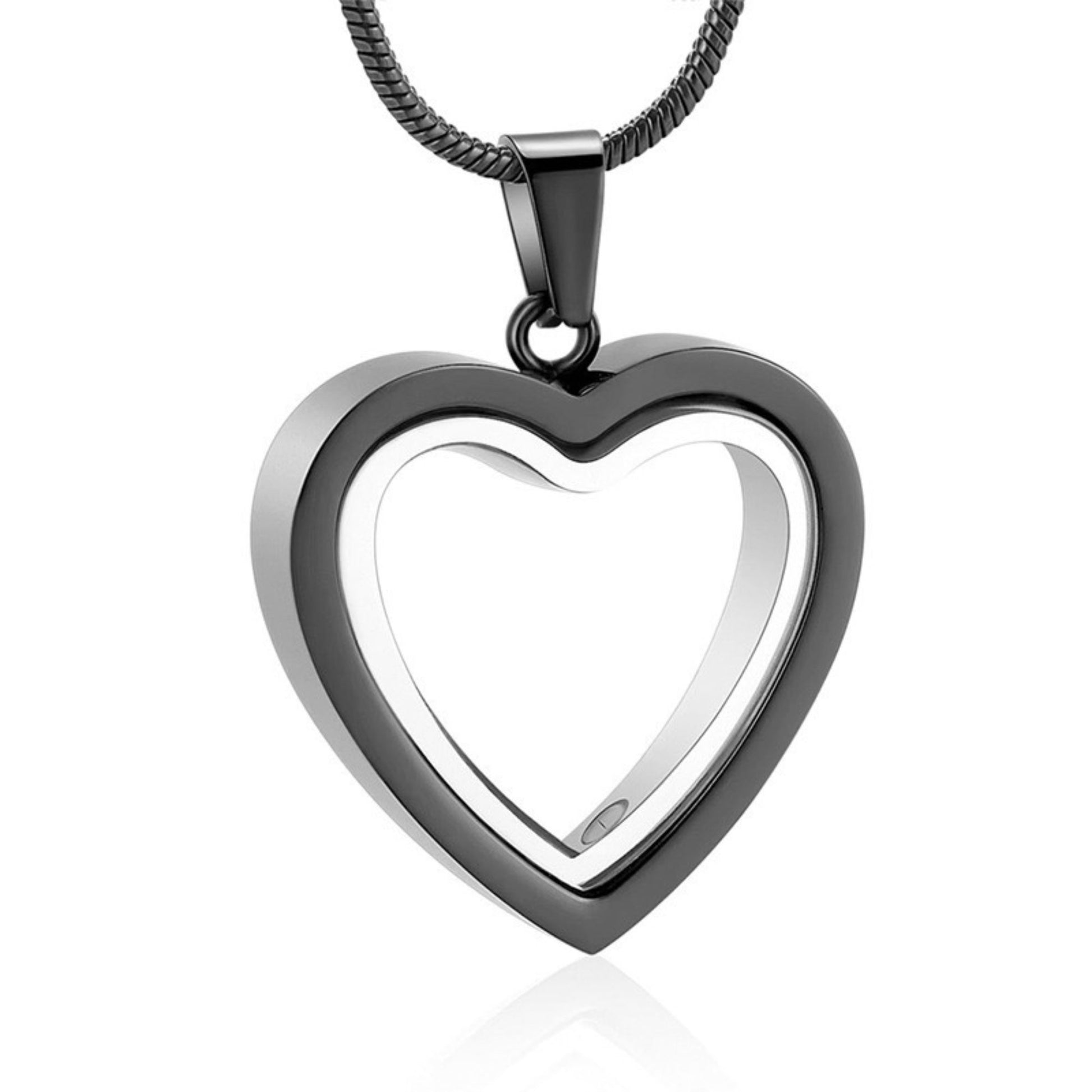 Black stainless steel heart memorial urn necklace pendant on chain, minimalist outline design
