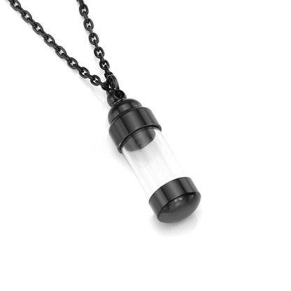 Clear glass tube stainless steel memorial pendant necklace shown in black finish, minimal keepsake design