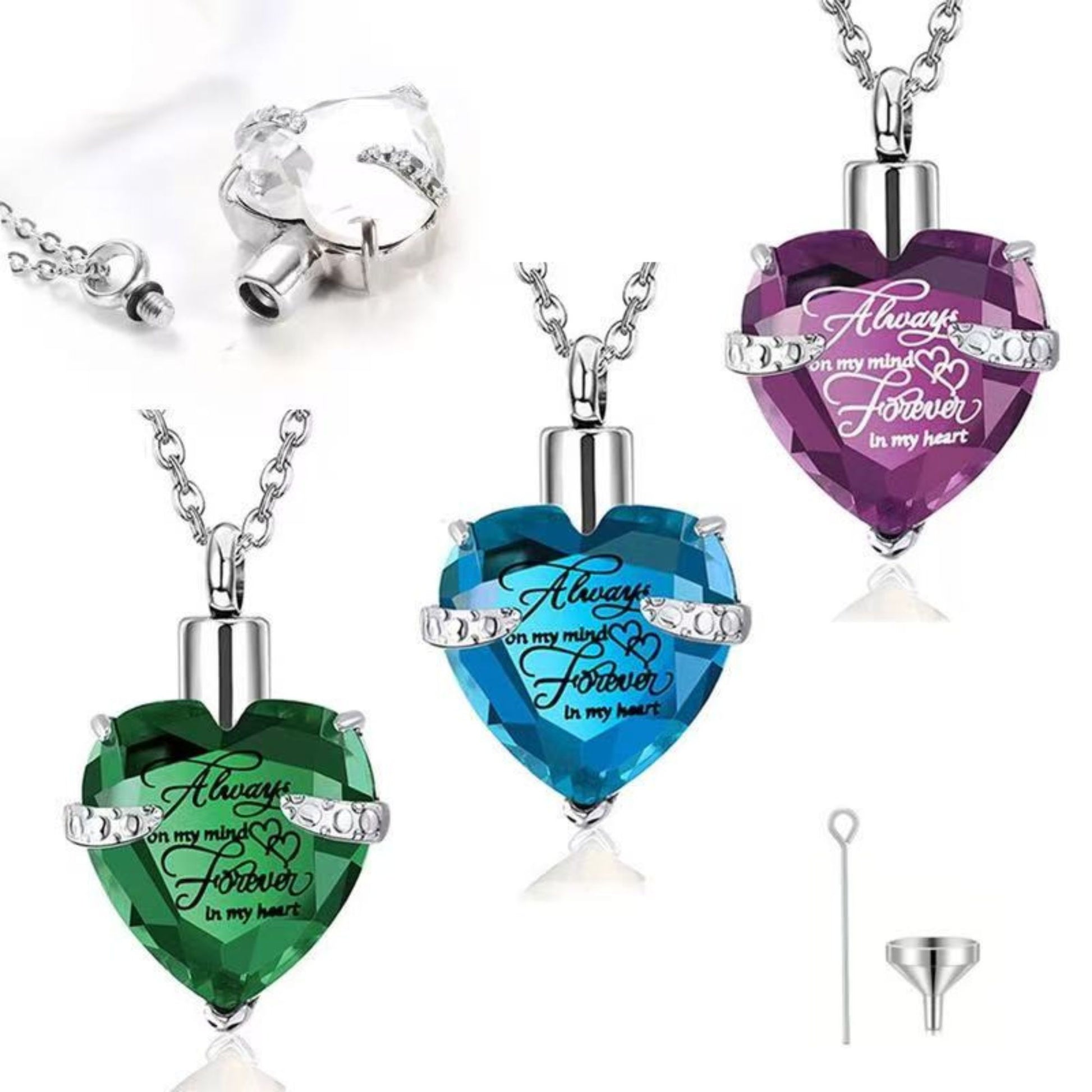 Heart urn necklace filling kit with funnel and pin tool for adding ashes, hair, or dried flowers