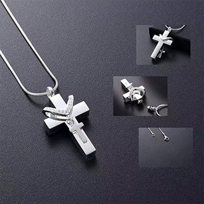 Stainless steel cross cremation necklace displayed on dark background with detail views of the pendant