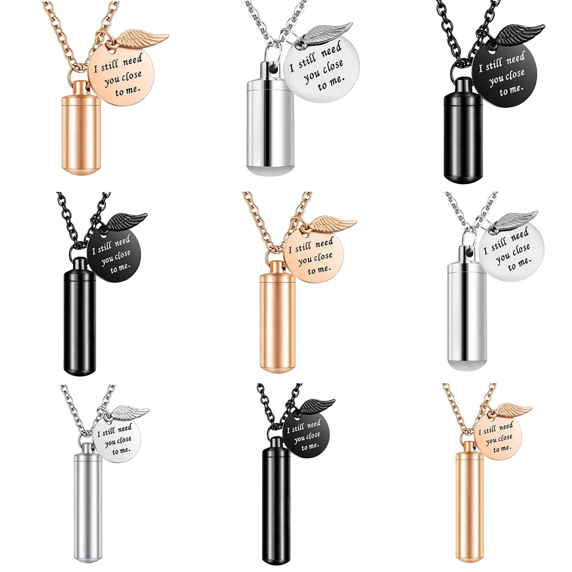Collage of stainless steel cylinder pet urn necklaces in silver, black, and rose gold with engraved message charm