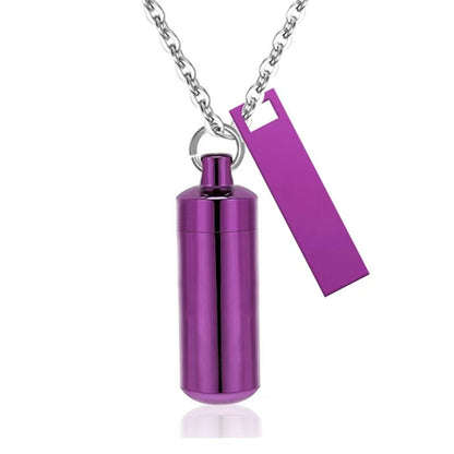 Purple alloy capsule pet urn necklace with matching black tag on silver chain front view
