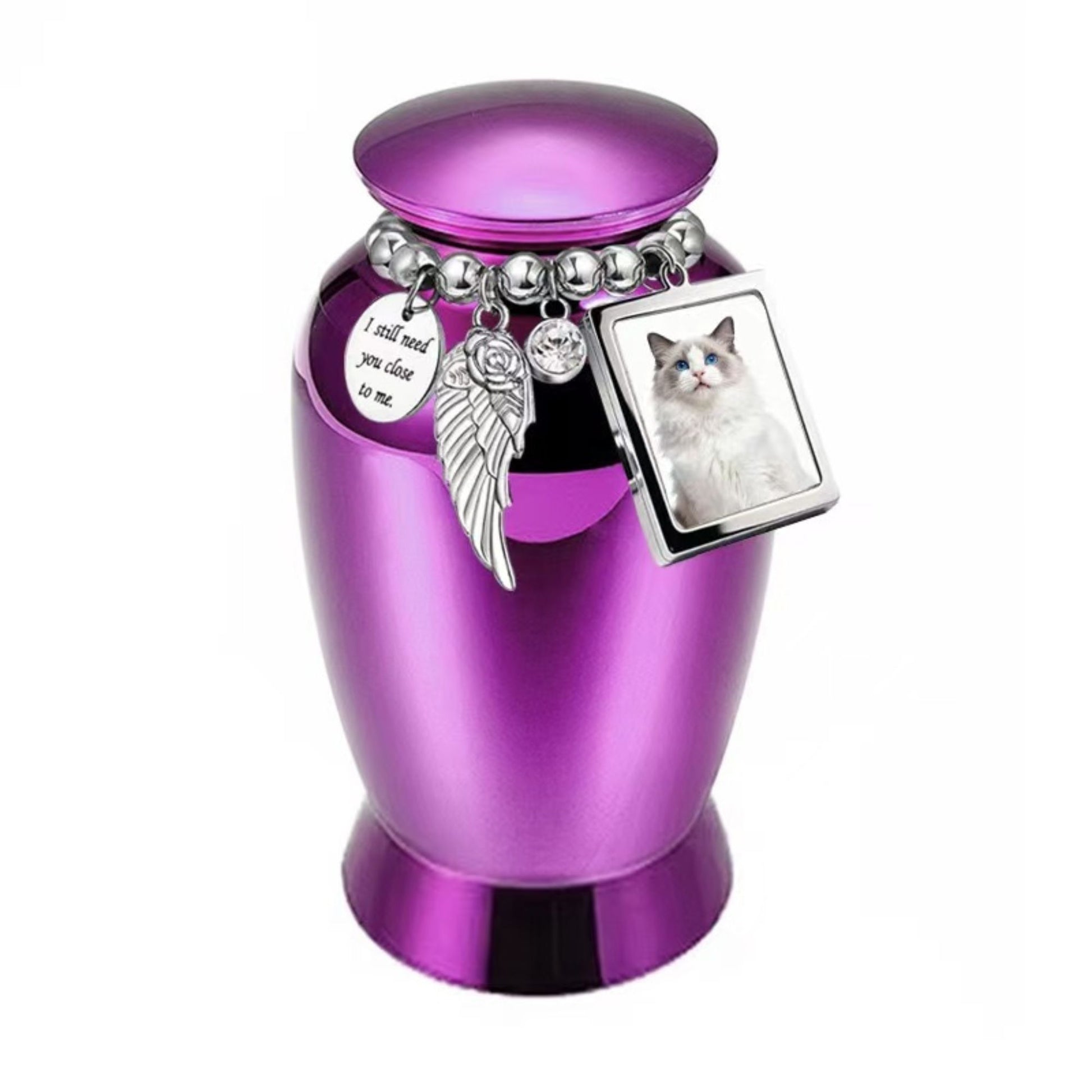 Purple pet keepsake urn with photo frame charm and memorial charm bracelet for ashes or fur