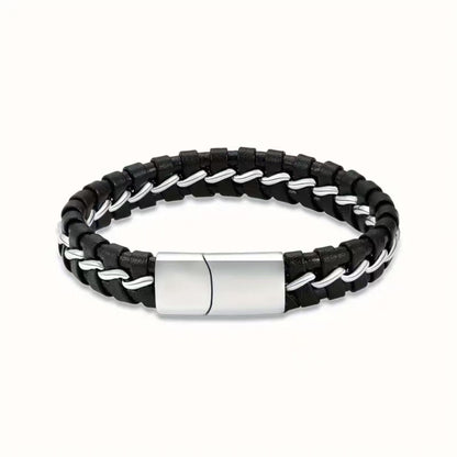 Two-tone braided leather men’s urn bracelet with titanium steel clasp and white accent weave
