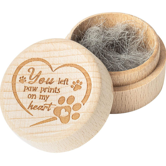 Wooden Paw Print Memorial Box for pet fur keepsake and pet ashes keepsake, engraved lid with “You left paw prints on my heart” message