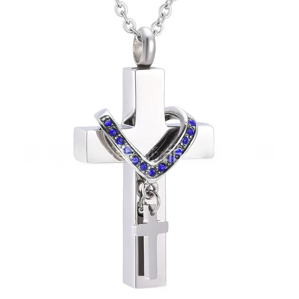 September,Stainless steel cross urn pendant with  birthstone crystal accents, memorial cremation jewelry