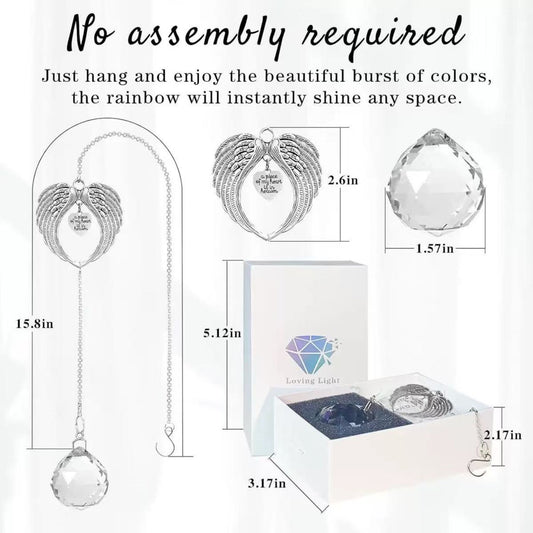 Angel wings heart crystal suncatcher size chart, 15.8in hanging length, 1.57in crystal ball
