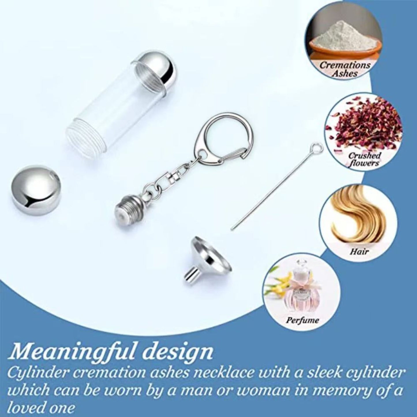 Transparent cylinder memorial ashes keychain urn disassembled with funnel and tool, suitable for ashes, crushed flowers, hair, and perfume keepsakes