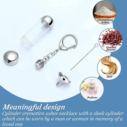 Transparent cylinder memorial ashes keychain urn disassembled with funnel and tool, suitable for ashes, crushed flowers, hair, and perfume keepsakes