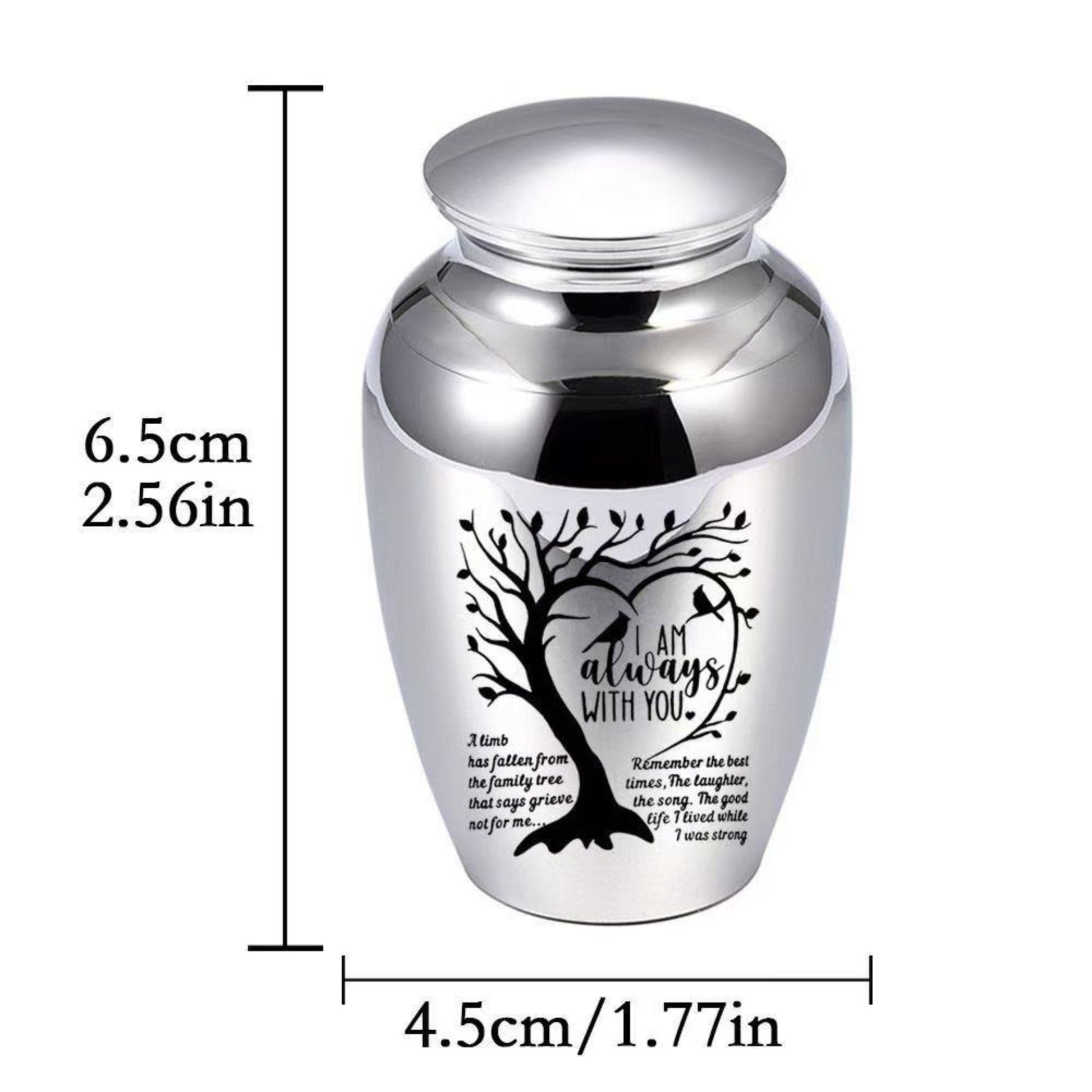 Size chart showing pet keepsake urn is 6.5cm tall and 4.5cm wide (2.56in × 1.77in)