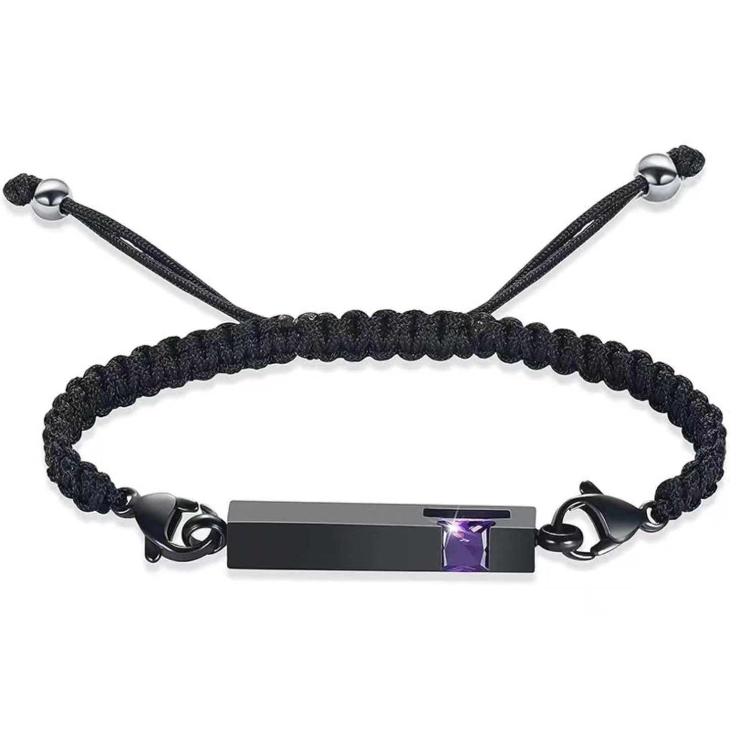 Black braided urn bracelet with  amethyst purple birthstone accent, stainless steel cremation keepsake bracelet for ashes