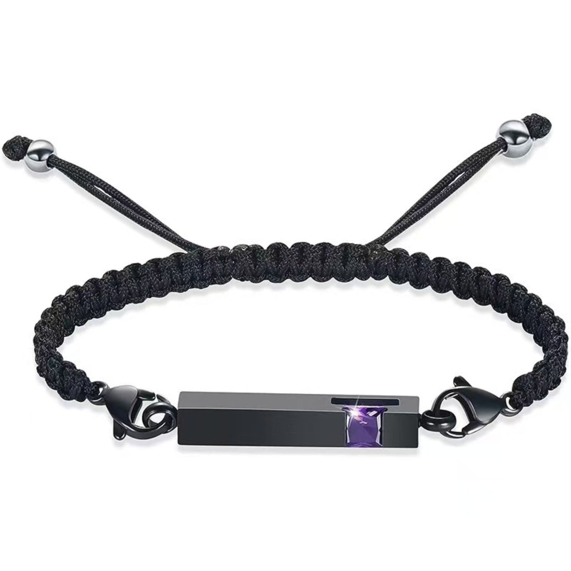 Black braided urn bracelet with  amethyst purple birthstone accent, stainless steel cremation keepsake bracelet for ashes