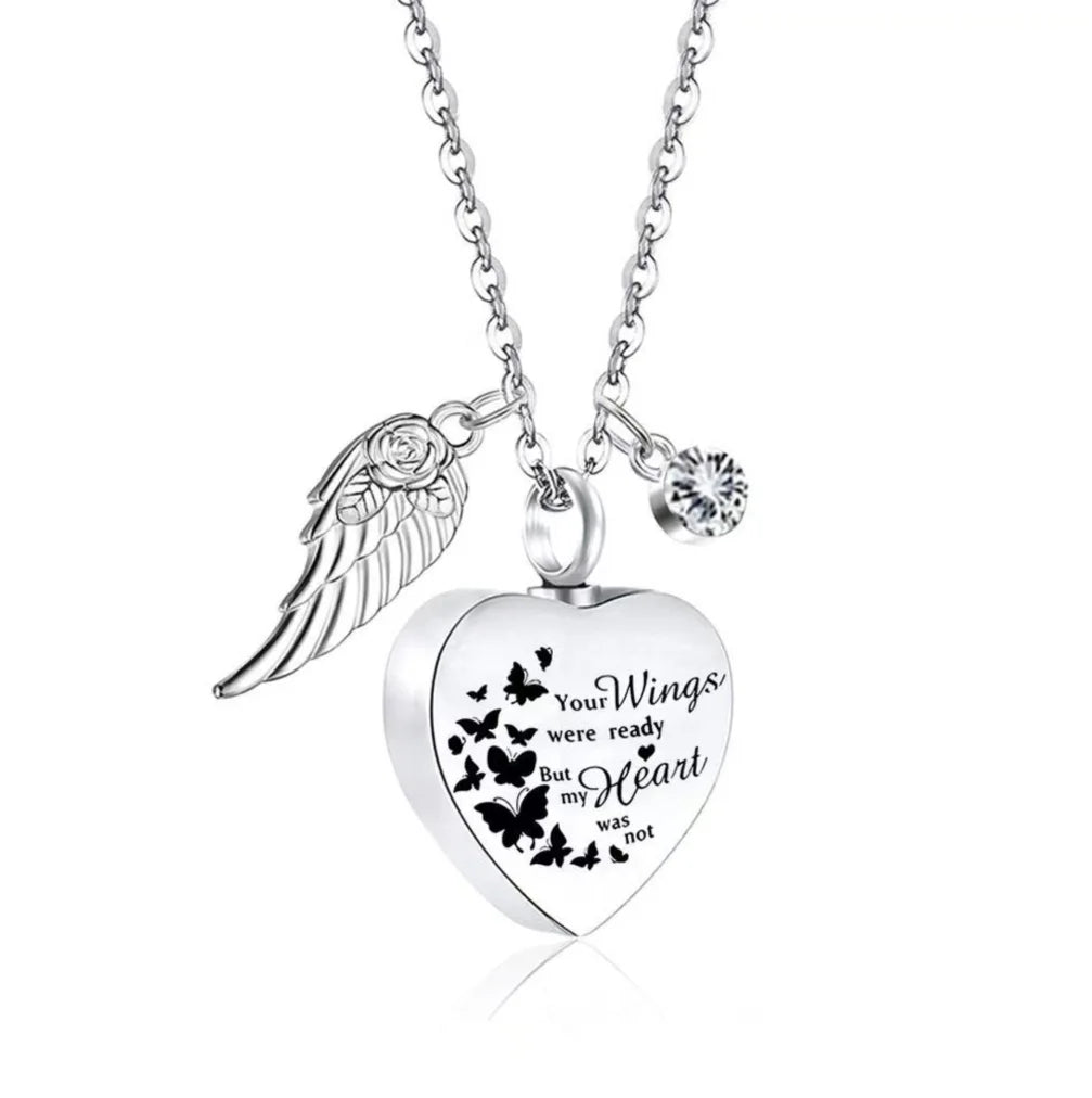 April birthstone option for heart pet memorial urn necklace with angel wing charm