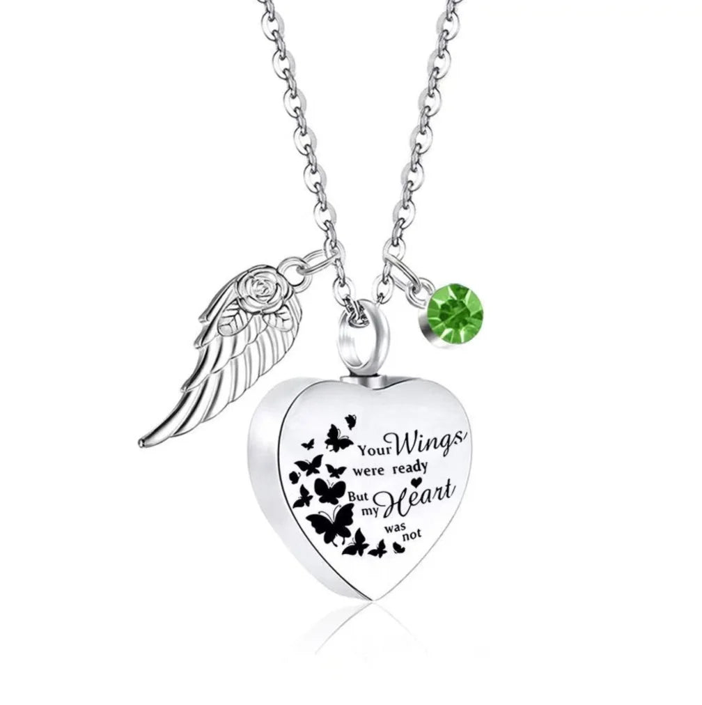August birthstone option for heart pet memorial urn necklace with angel wing charm