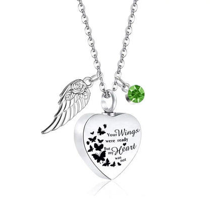 August birthstone option for heart pet memorial urn necklace with angel wing charm