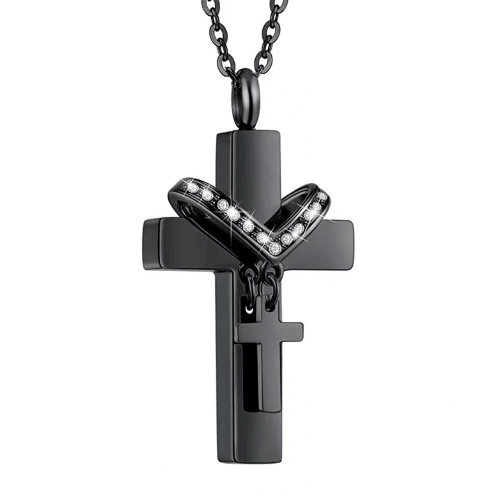 Black stainless steel cross urn necklace pendatont on snake chain, front view product photo