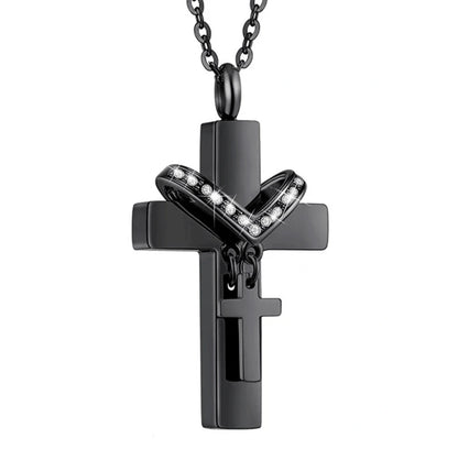 Black stainless steel cross urn necklace pendatont on snake chain, front view product photo