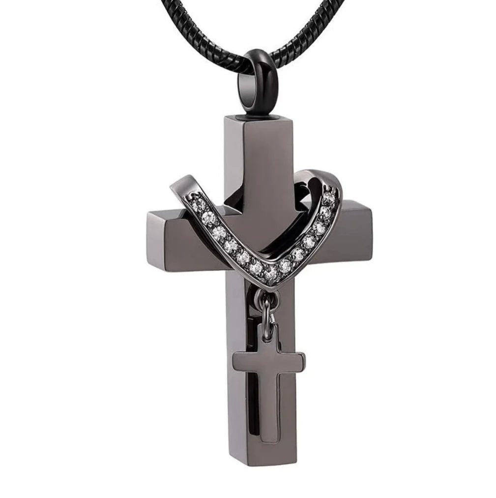 Black stainless steel cross urn necklace pendant on snake chain, front view product photo