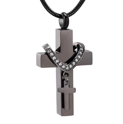 Black stainless steel cross urn necklace pendant on snake chain, front view product photo