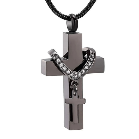 Black stainless steel cross urn necklace pendant on snake chain, front view product photo