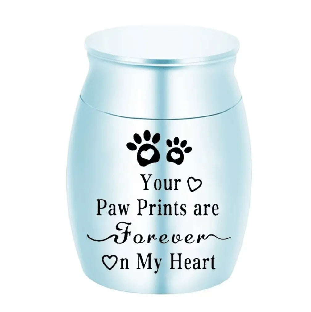 Isolated front view of the silver memorial urns for pets engraved with a heart, paw prints, and forever on my heart text.