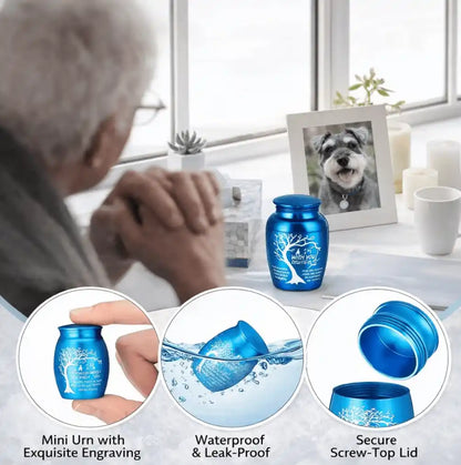 Blue mini pet cremation urn displayed beside a framed dog photo by the window, with close-up details showing engraving, waterproof design, and secure screw-top lid.