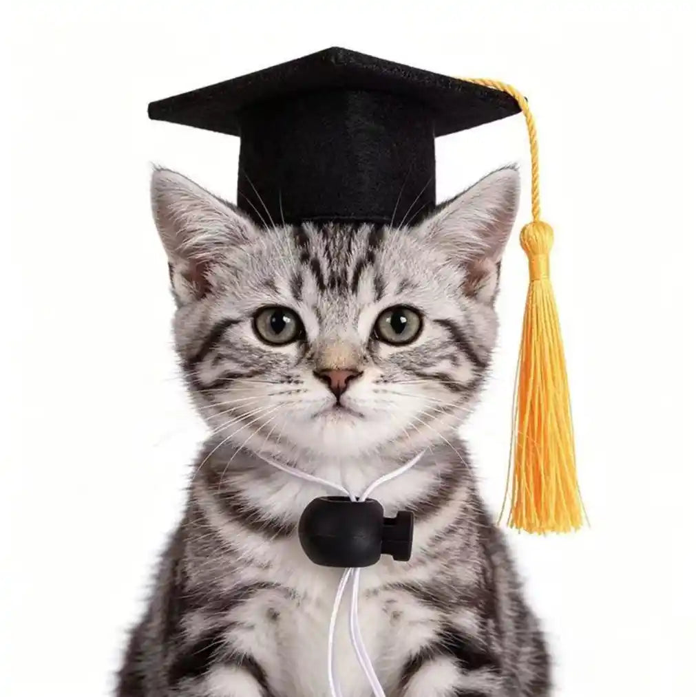 Close-up shot of an adorable tabby kitten wearing a mini pet academic graduation cap with a golden yellow tassel.