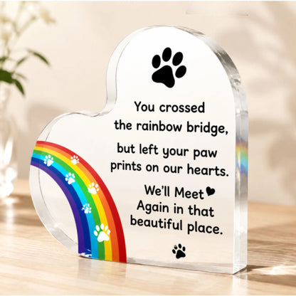 Clear heart-shaped pet memorial plaque with rainbow paw prints and a remembrance message for a beloved dog or cat