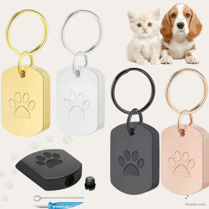"Colorful memorial urn keychains in gold, silver, black, and rose gold with paw print charm, perfect for pet loss."