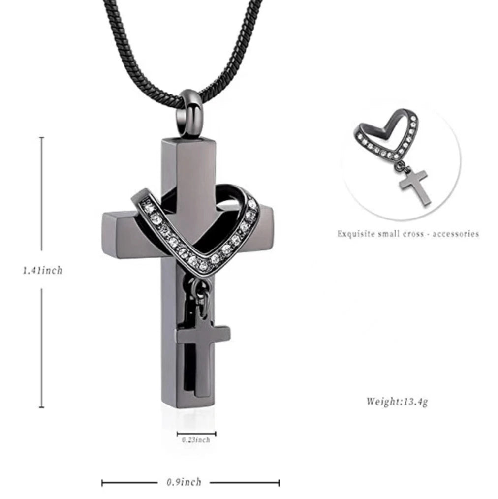 Cross urn necklace size guide showing 1.41 inch height, 0.9 inch width, and 0.23 inch thickness
