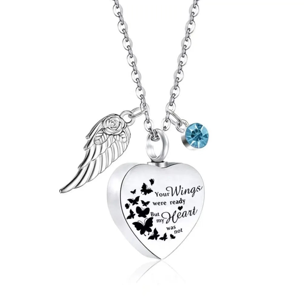 December birthstone option for heart pet memorial urn necklace with angel wing charm