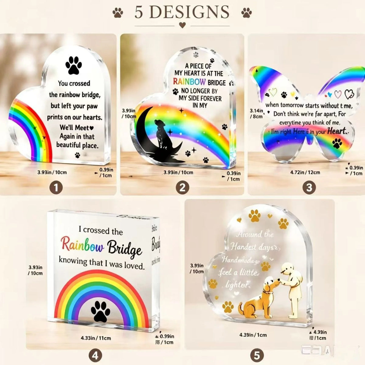 Size comparison of five freestanding acrylic pet memorial plaques with heart butterfly rainbow and dog designs