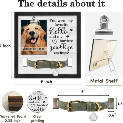  Dog Memorial Collar Frame Size Details showing 9x9 inch memorial frame, collar display area, metal stand, and tabletop dog picture frame design