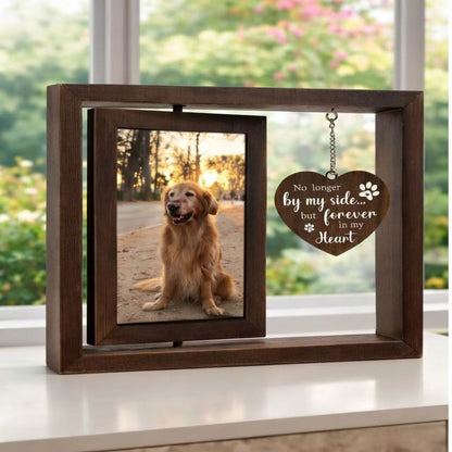 Dog Sympathy Frame Lifestyle Display on tabletop, rustic memorial frame for pet loss and cherished dog memory photos