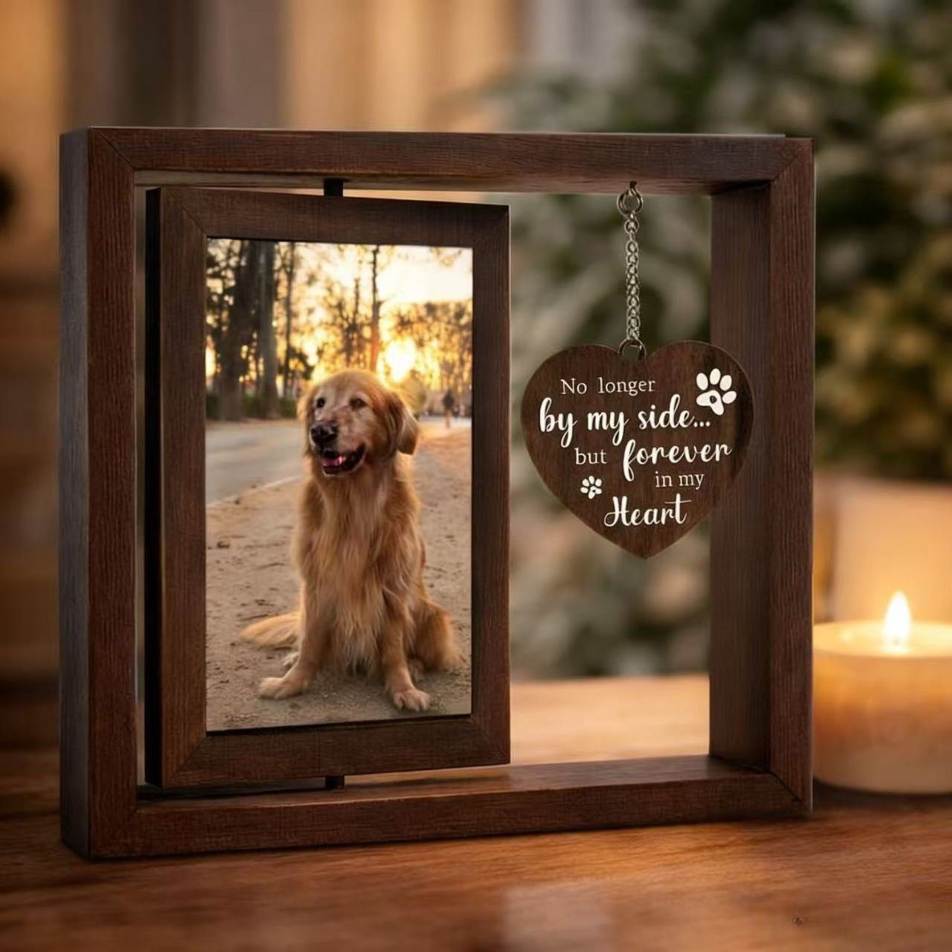 Dog Sympathy Frame Lifestyle Display on tabletop, rustic memorial frame for pet loss and cherished dog memory photos
