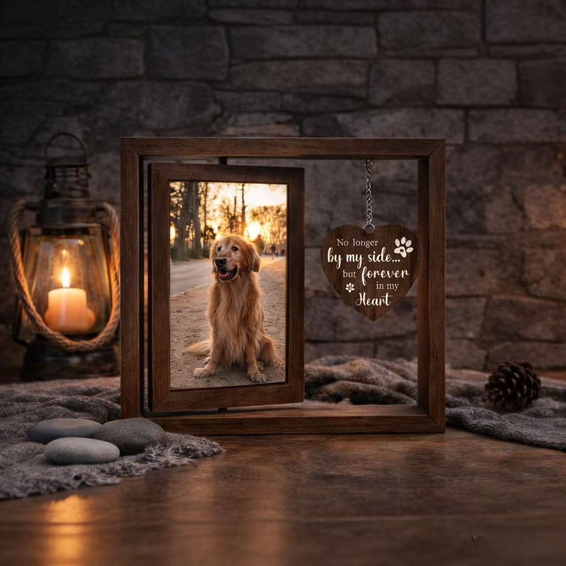 Dog Sympathy Frame Lifestyle Display on tabletop, rustic memorial frame for pet loss and cherished dog memory photos