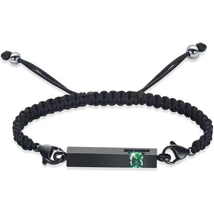 Black braided urn bracelet with  emerald green birthstone accent, stainless steel cremation keepsake bracelet for ashes