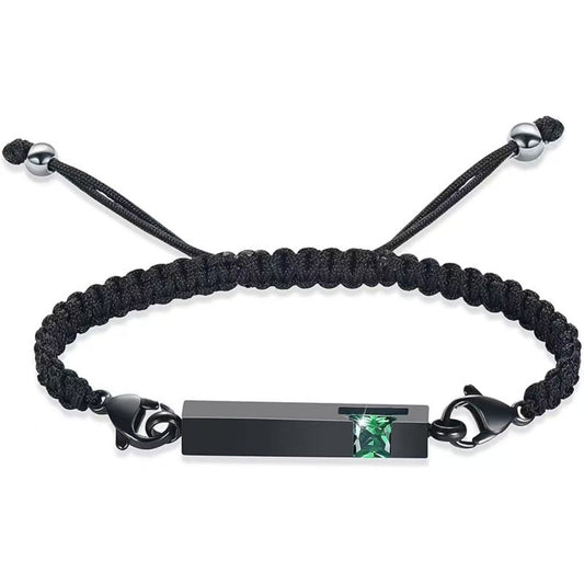 Black braided urn bracelet with  emerald green birthstone accent, stainless steel cremation keepsake bracelet for ashes