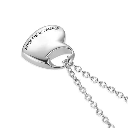 Heart urn necklace with “Forever In My Heart” engraving on pendant front