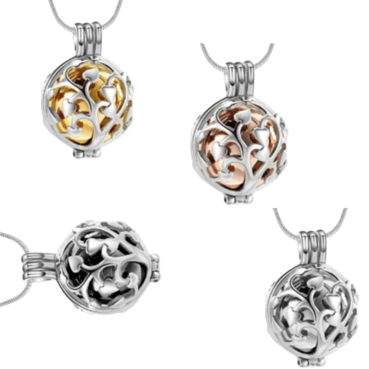 Four color options of Tree of Life hollow sphere urn necklace pendant on chain