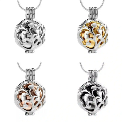 Four color options of Tree of Life hollow sphere urn necklace pendant on chain
