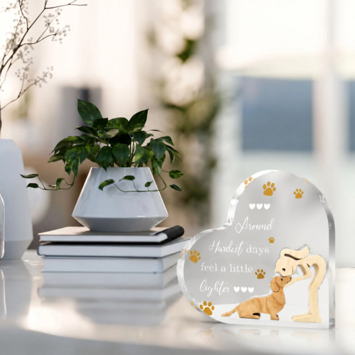 Clear acrylic pet memorial plaque showing a girl leaning down with her forehead close to a dog