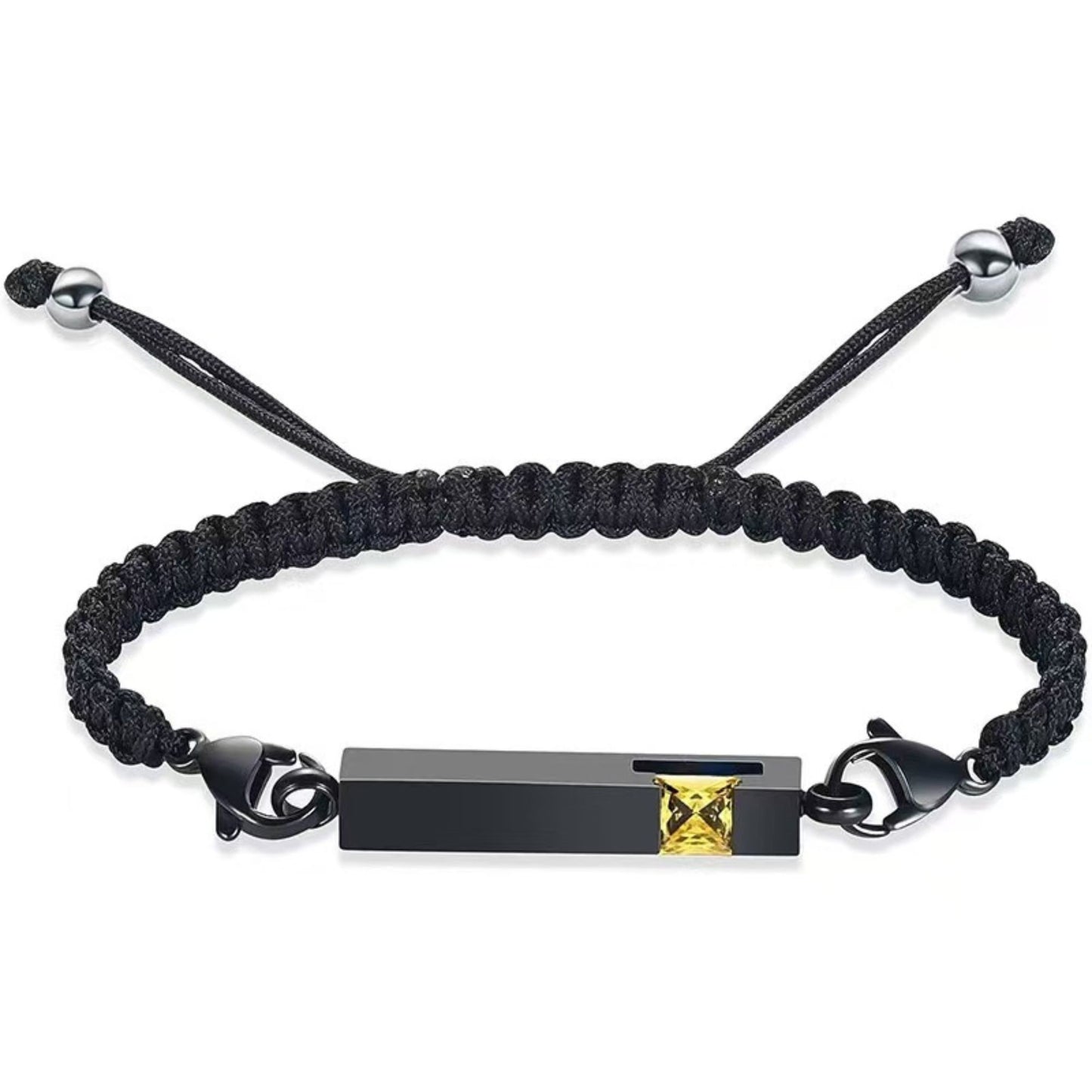 Black braided urn bracelet with golden yellow birthstone accent, stainless steel cremation keepsake bracelet for ashes