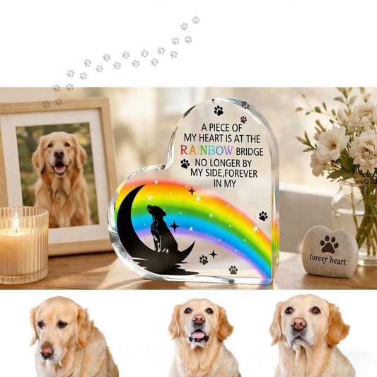 Heart-shaped acrylic pet memorial plaque displayed with framed dog photo, candle, and flowers, rainbow bridge remembrance gift for pet loss