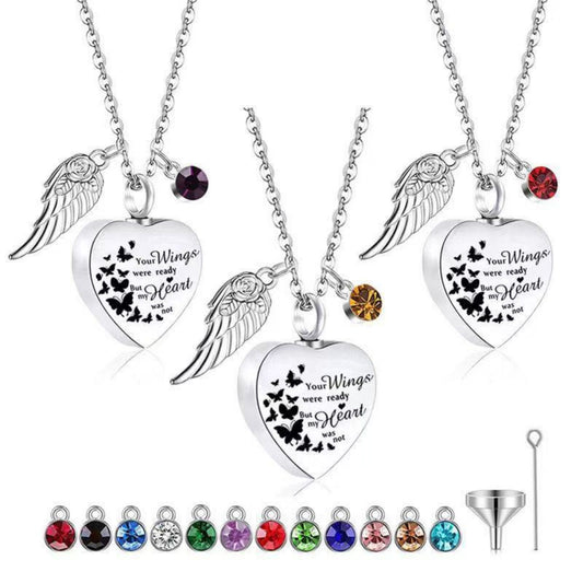 Heart birthstone pet urn necklace set with angel wing charm and 12 birthstone color options