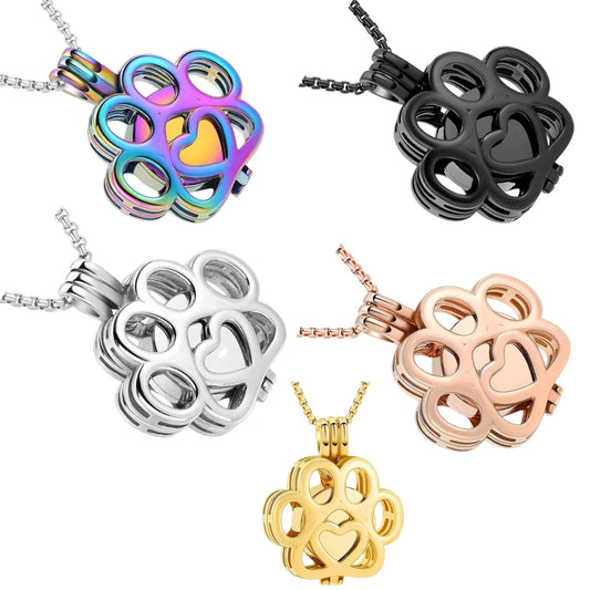 Hollow paw print urn necklace in five colors (silver, gold, rose gold, black, rainbow), openable pet memorial keepsake pendant